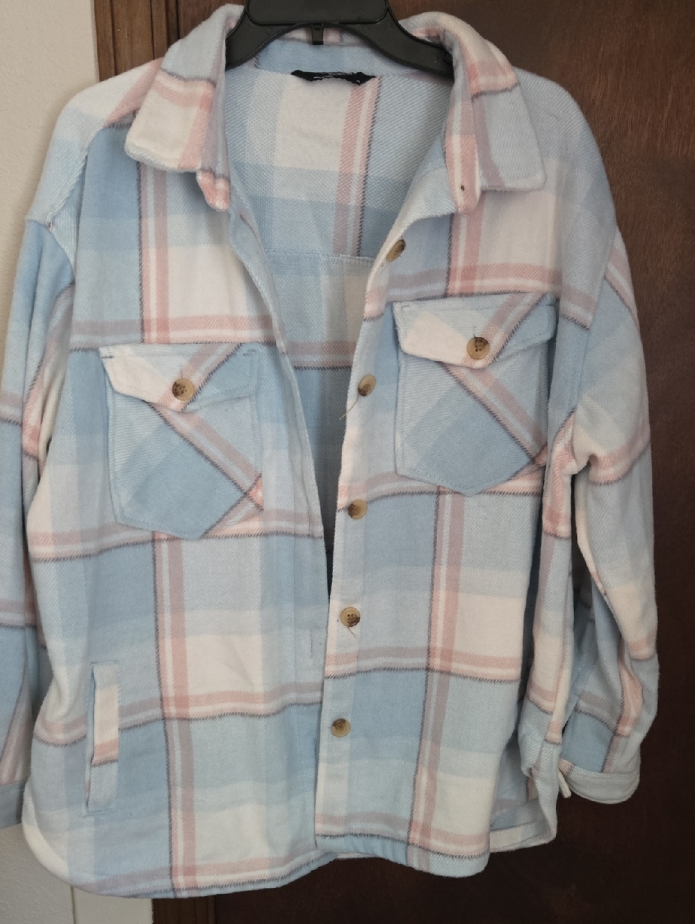 Light Blue Plaid Button-Up Shacket Jacket - Women
